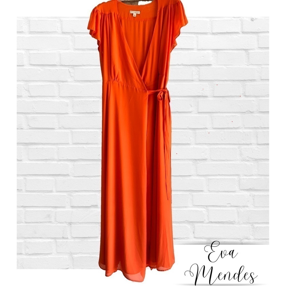 Eva Mendez Sz M Maxi Orange Wrap Dress Bohemian Chic Resortwear Formal V Neck
